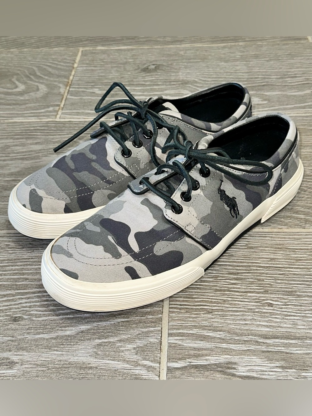 Polo Ralph Lauren Faxon Low Top Men’s 8.5D Gray Camouflage Sneaker Preppy Shoes